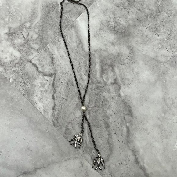 Black Tone Chain Necklace Rhinestone Two Birds - Picture 3 of 3